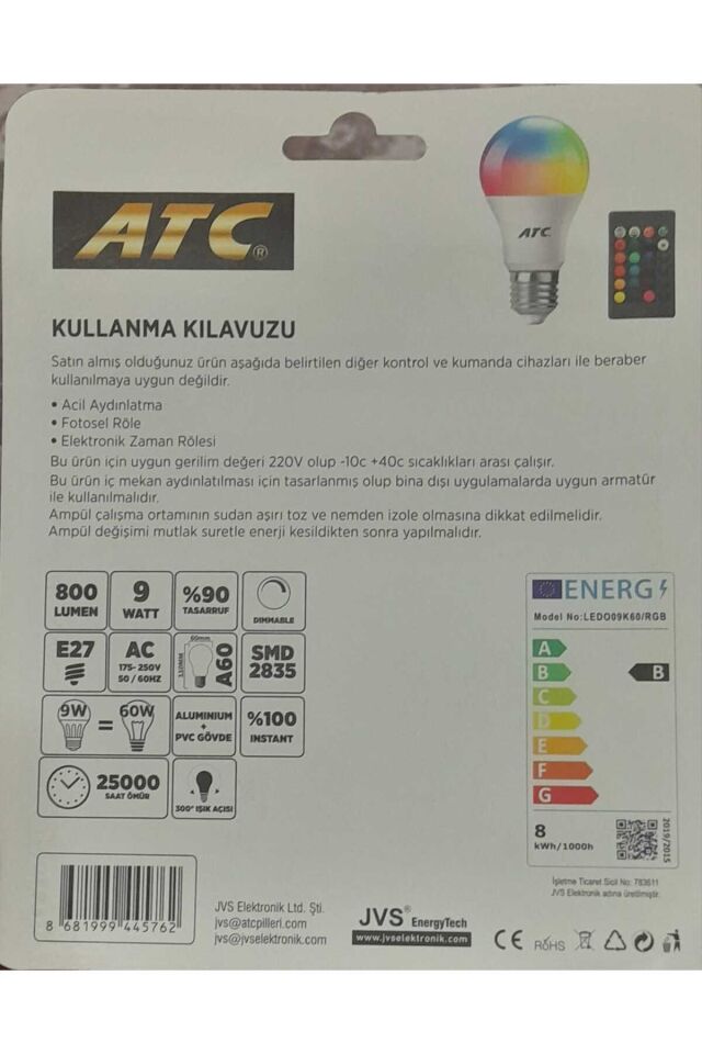 ATC UZAKTAN KUMANDALI ÇOK RENKLİ 9W 6500K+RGB AMPÜL